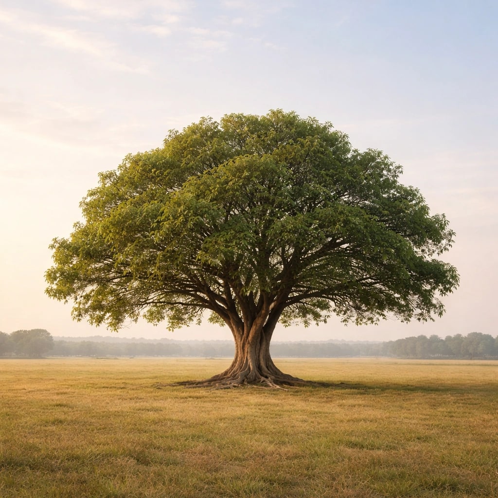 A broad green tree standing alone in an open field under soft light.