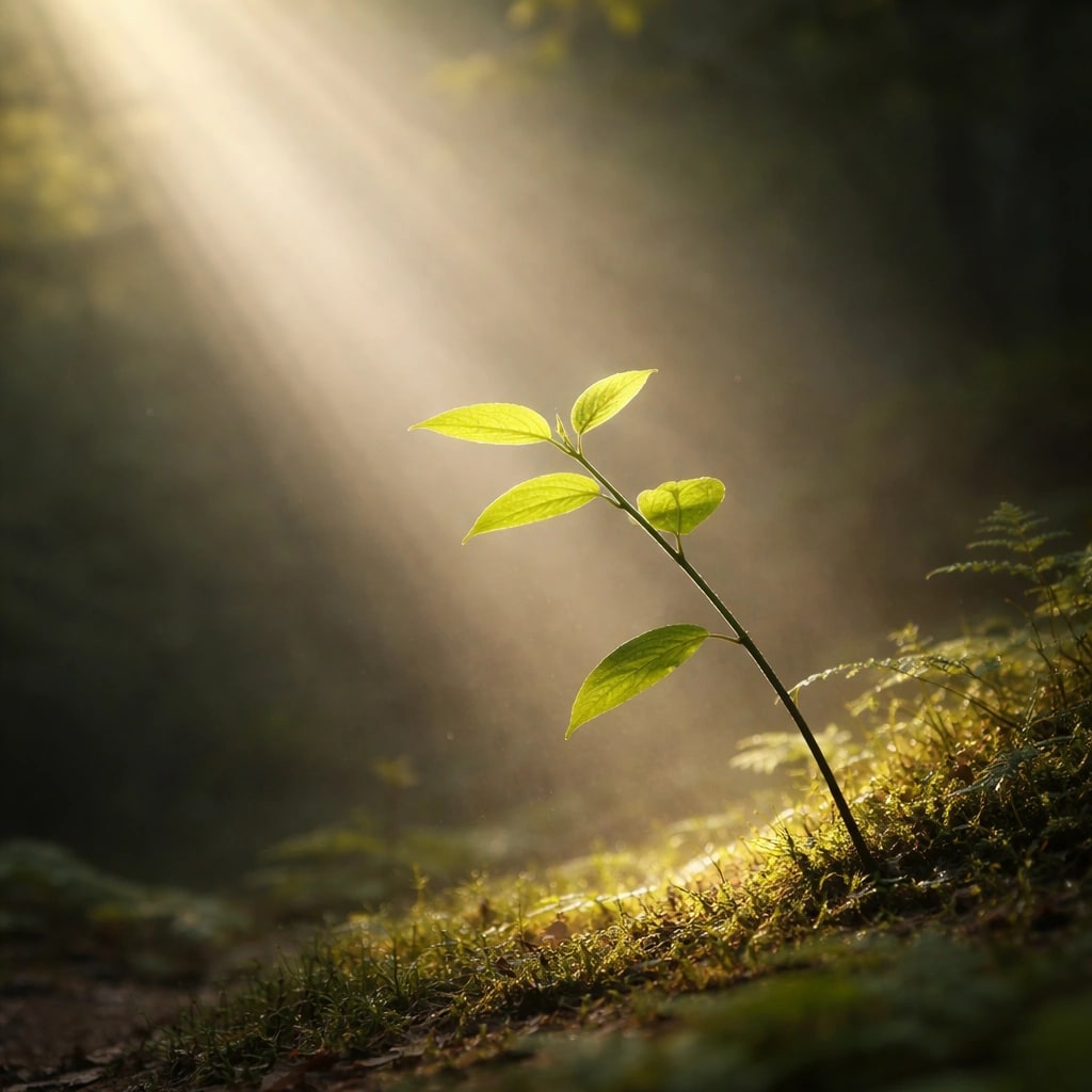A young green sprout lit by a shaft of sunlight in a dark forest.