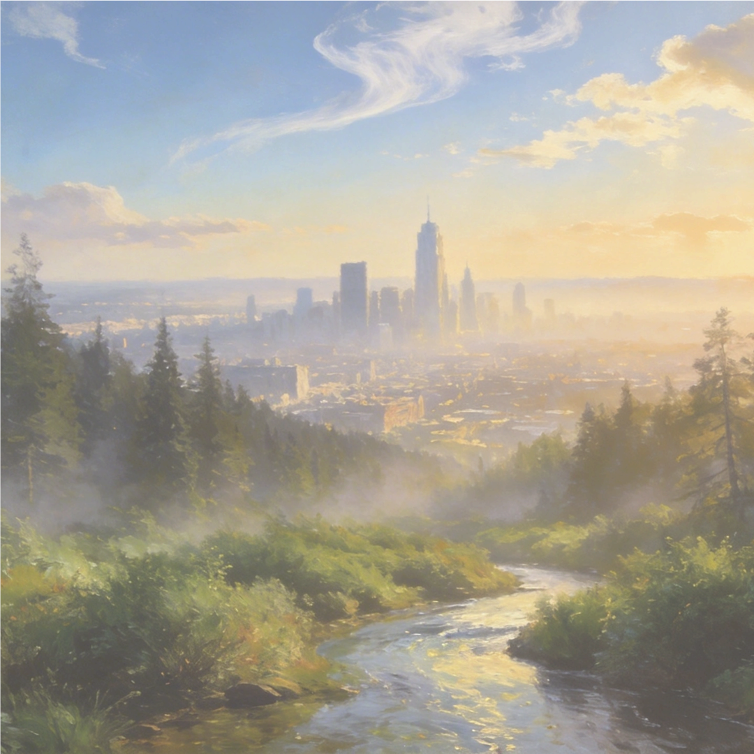 A painting depicting a city skyline surrounded by lush greenery at sunrise.