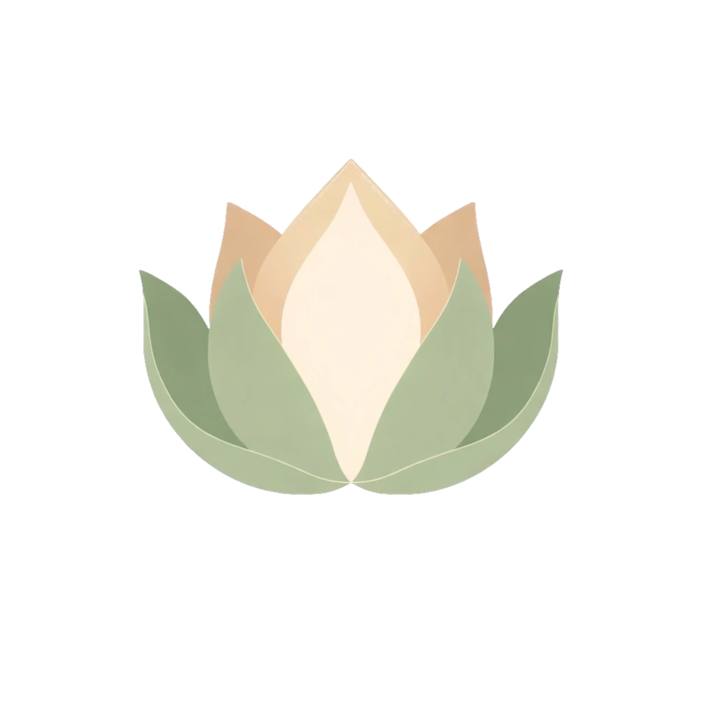 A stylized illustration depicting a lotus flower in shades of beige and green on a black background.