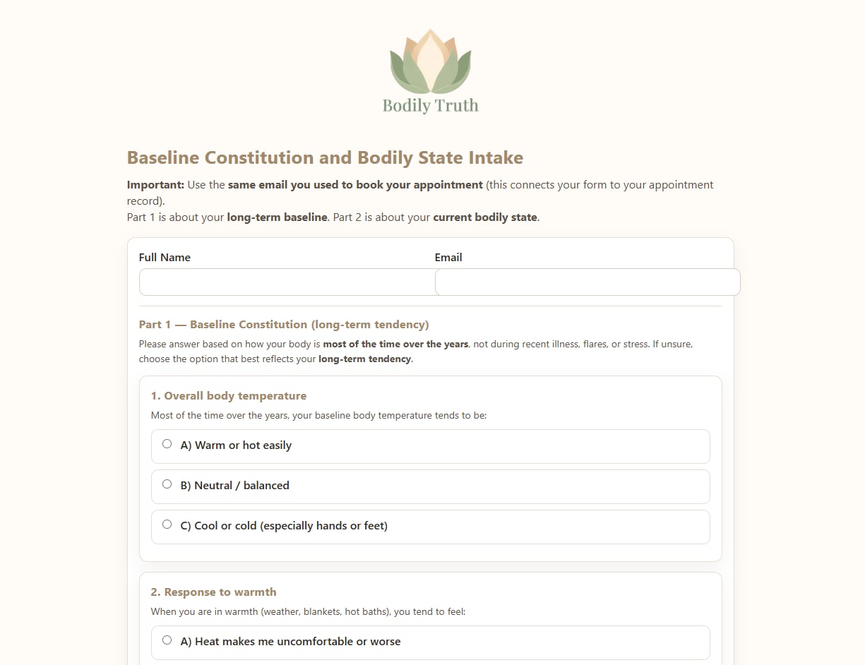 Screenshot of the Bodily Truth intake form showing the baseline constitution and bodily state questionnaire.
