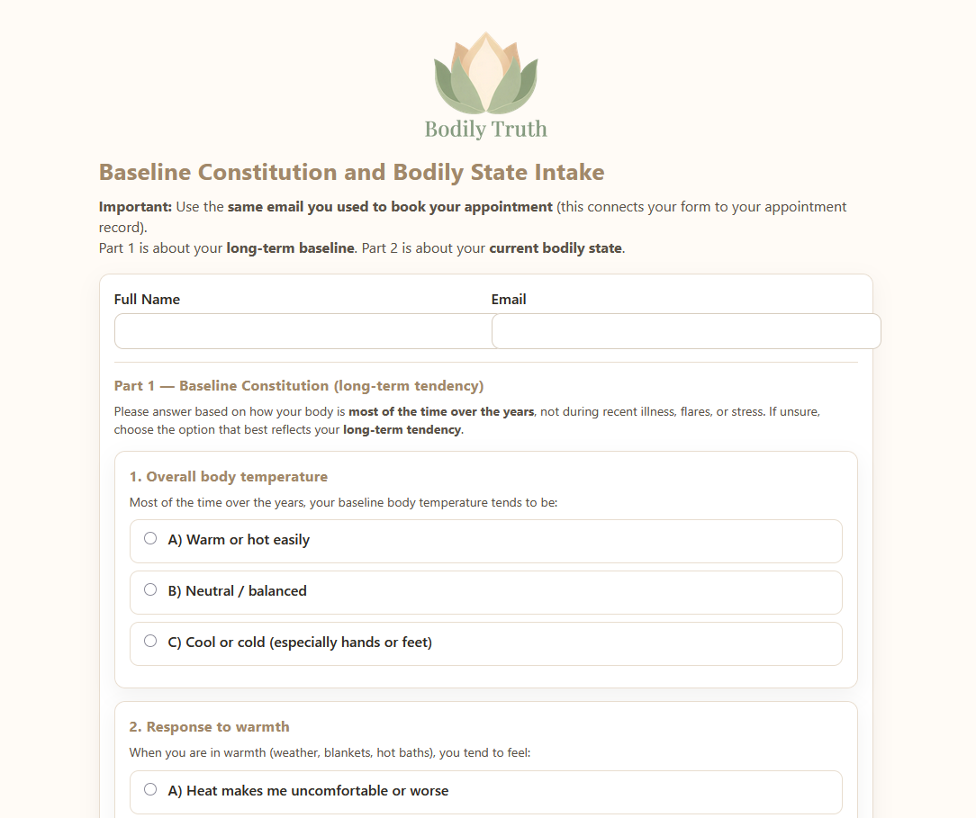 Survey form for Bodily Constitution assessment by Body Truth. It includes questions about overall body temperature,