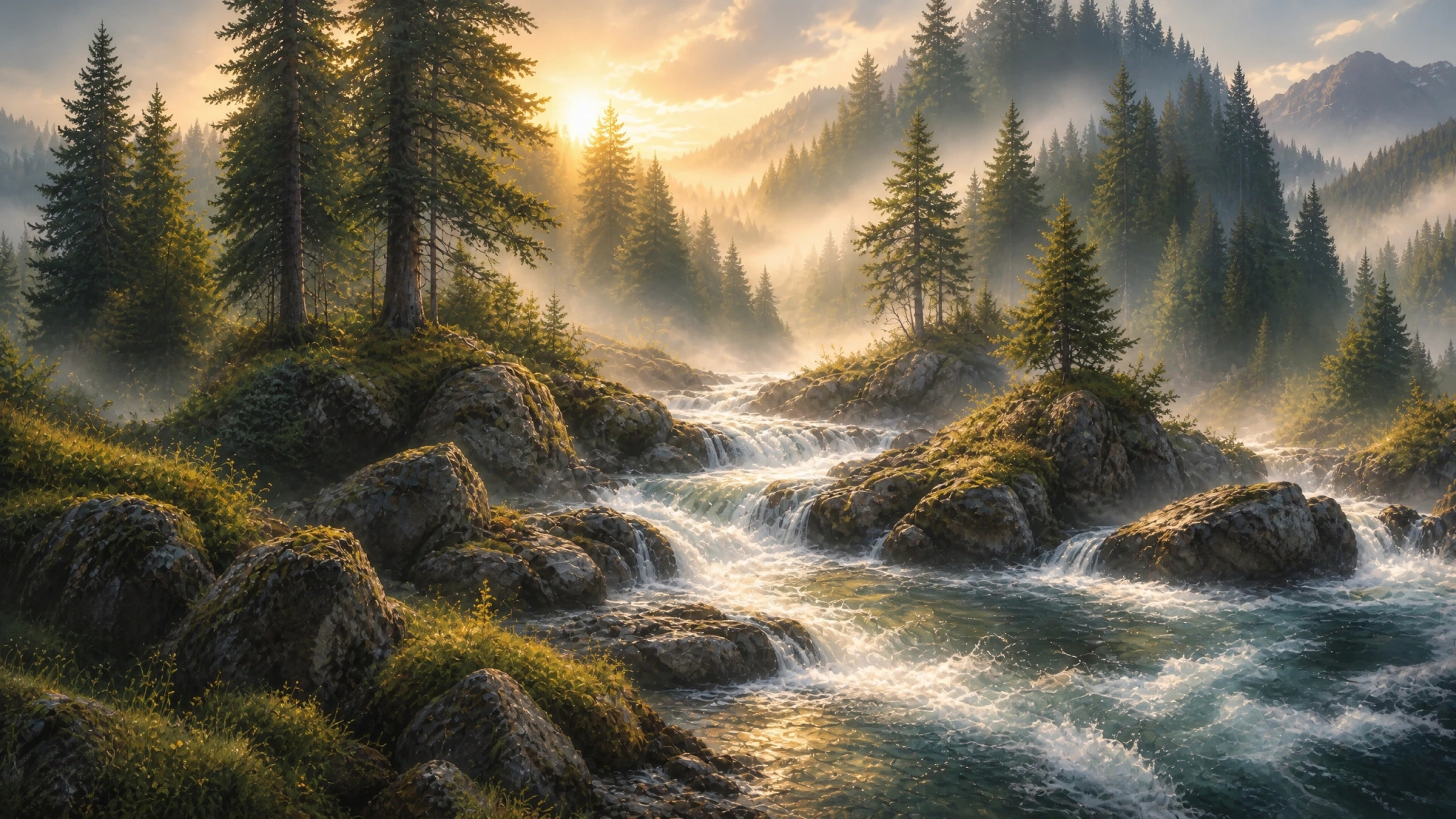 A rocky mountain stream cascading through an evergreen forest at sunrise.