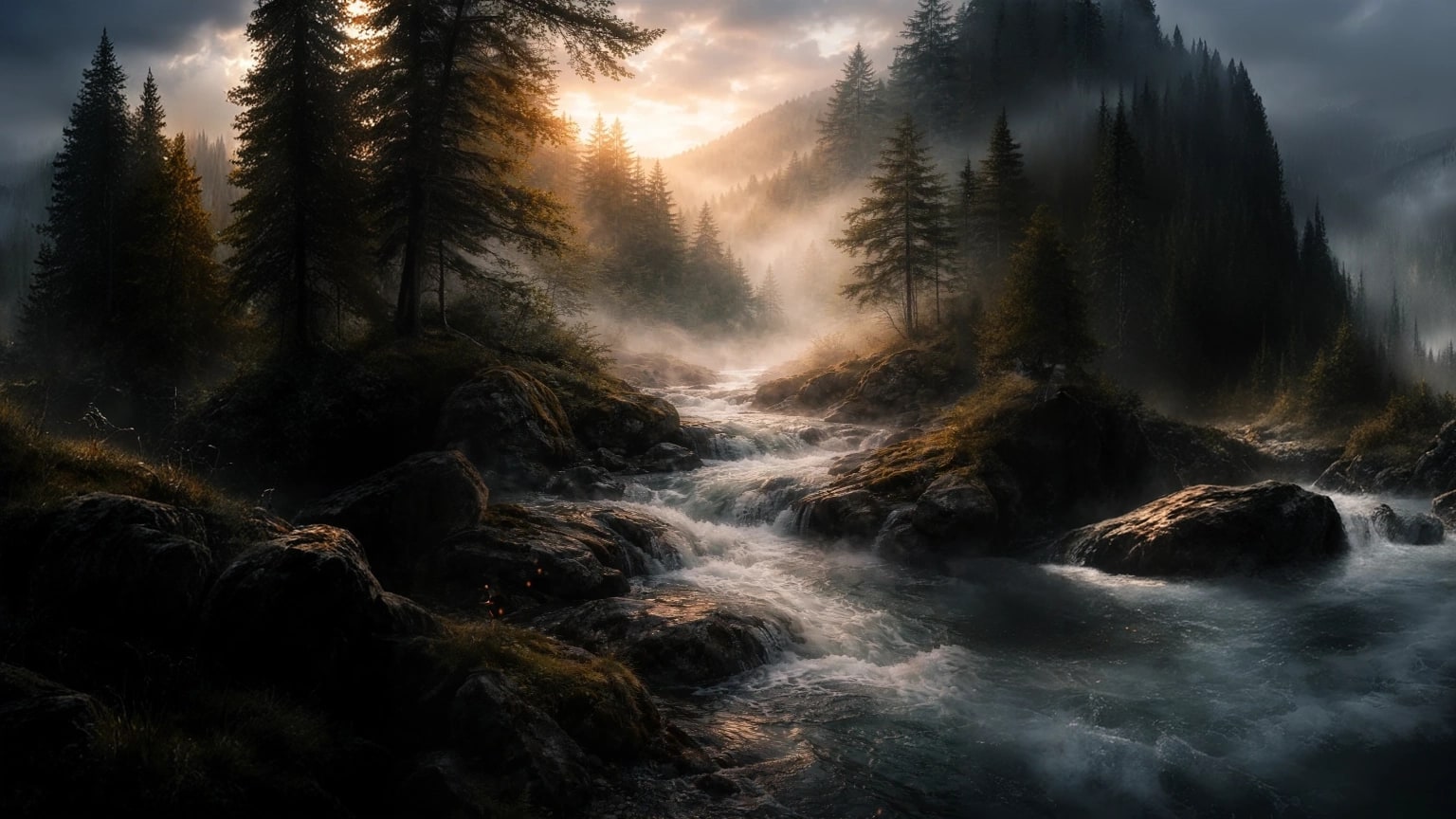 A misty mountain stream winding through a dark pine forest at sunrise.