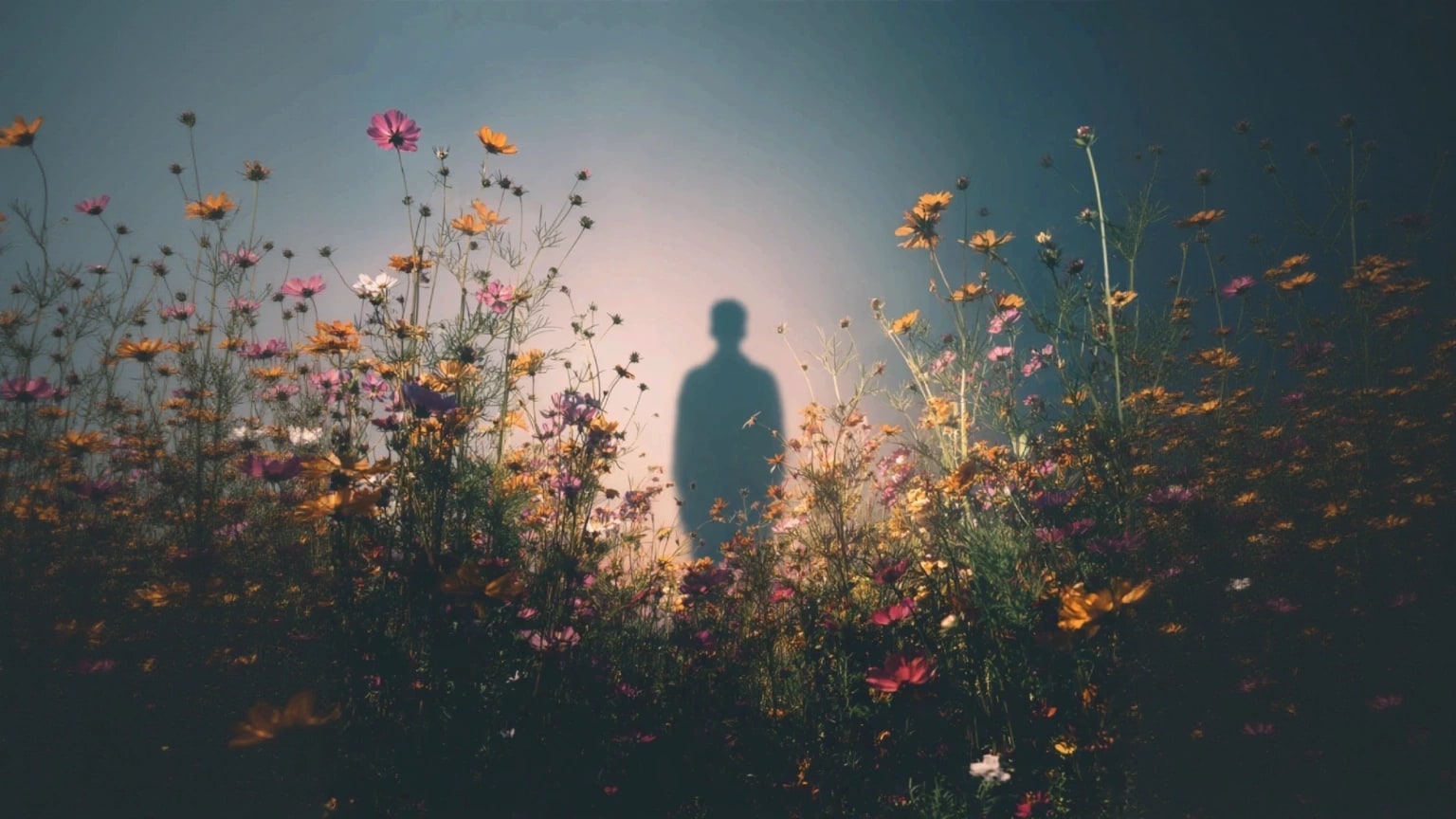 A human silhouette standing behind tall pink and yellow wildflowers in a hazy glow.
