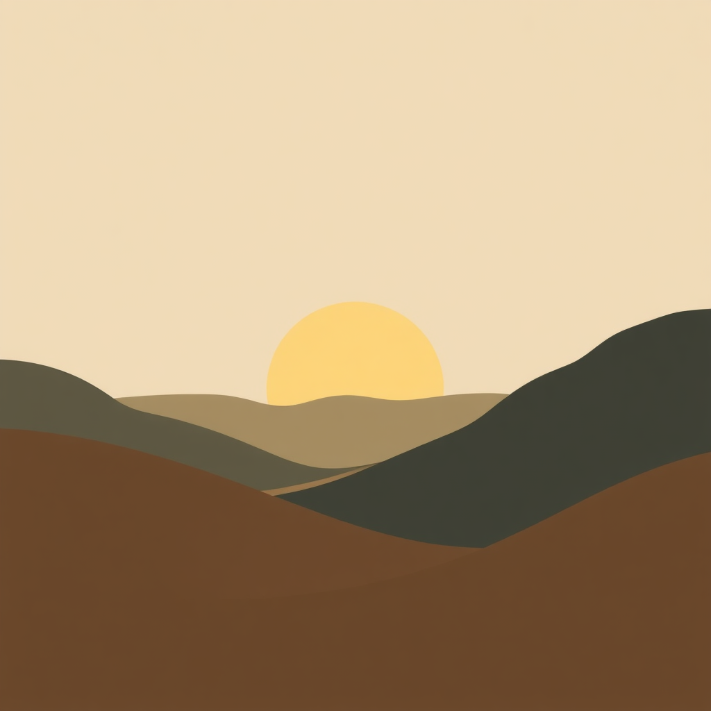A simple illustration depicting a sunset over rolling hills in muted earth tones.