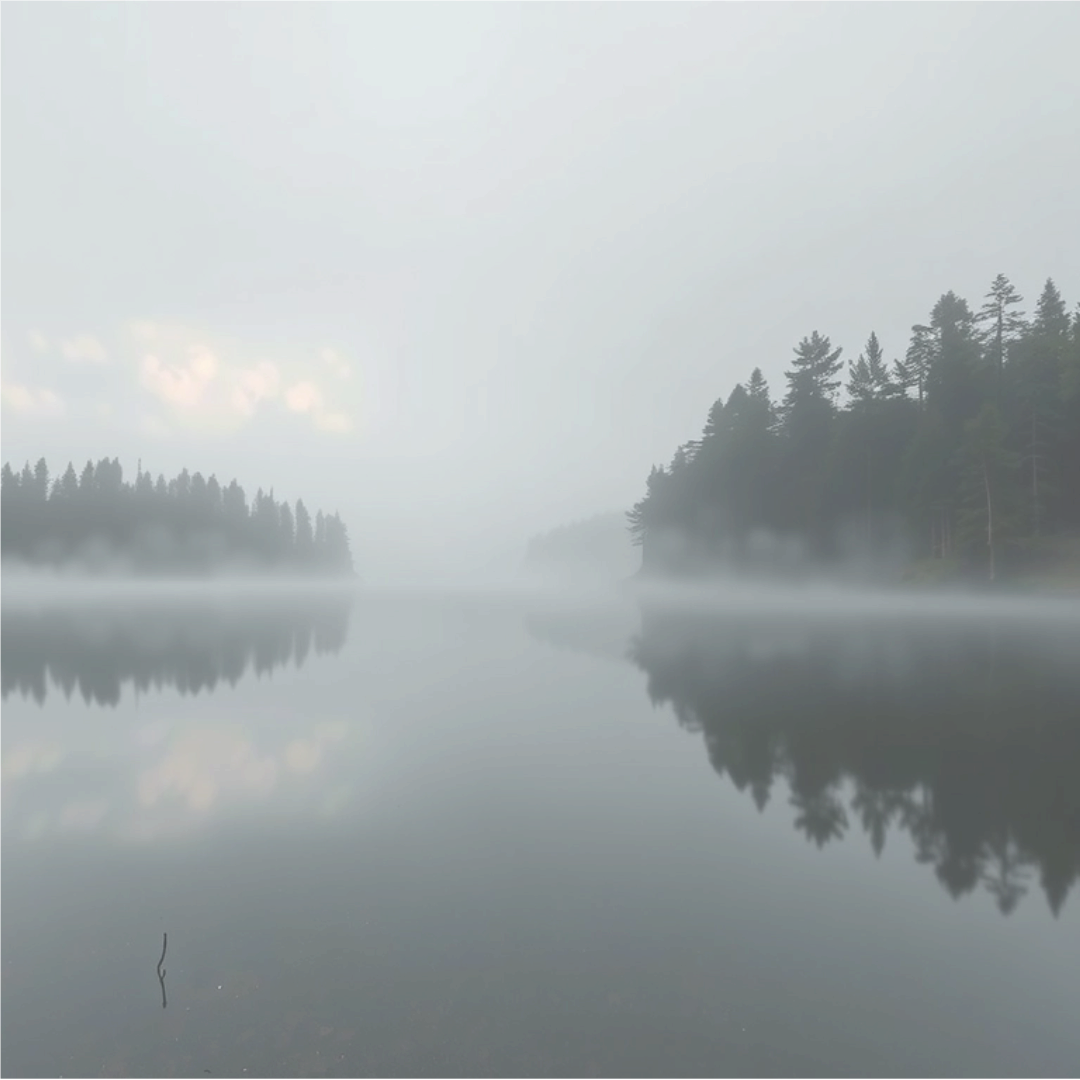 A serene lake surrounded by trees in a foggy morning setting.