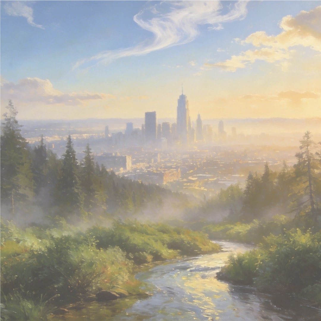 A painting depicting a city skyline at sunrise surrounded by lush greenery and flowing river.