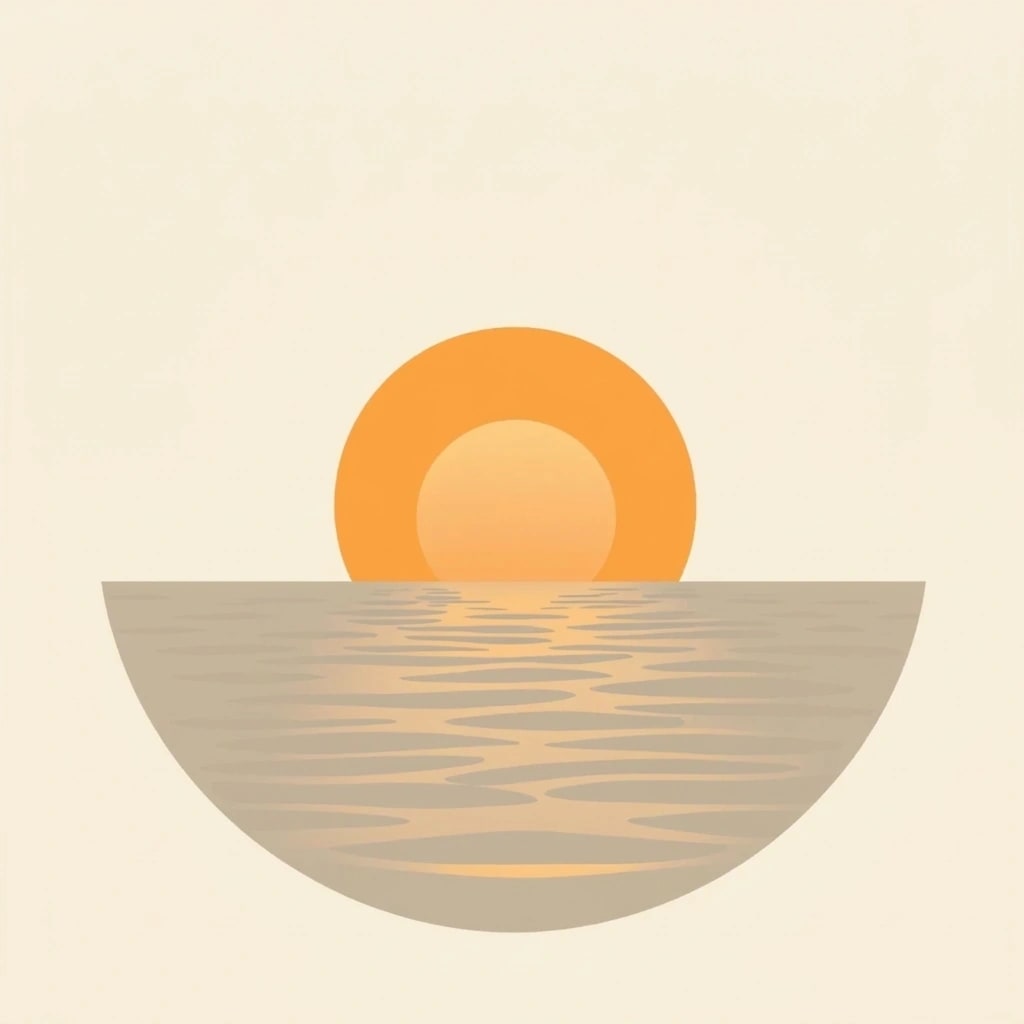 A stylized illustration depicting a sunset over water.