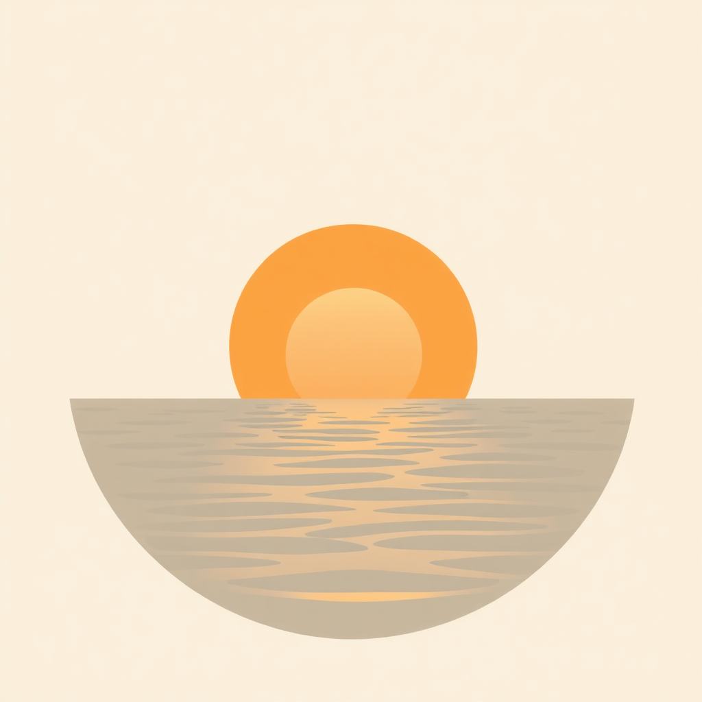 A stylized illustration depicting a sunset over water.