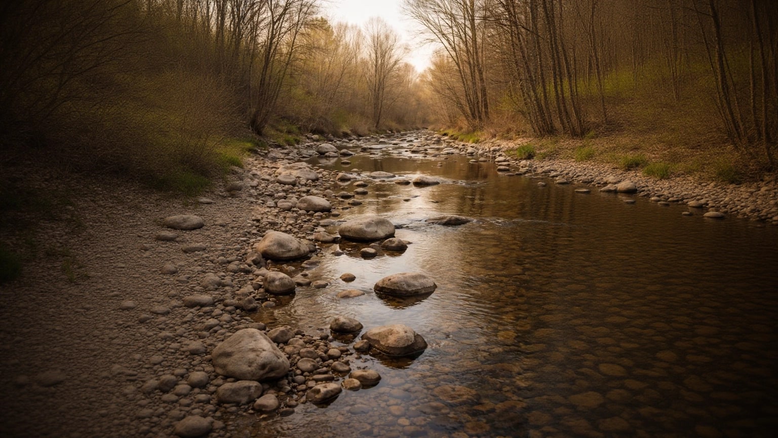 A shallow rocky creek running between leafless trees in soft evening light.