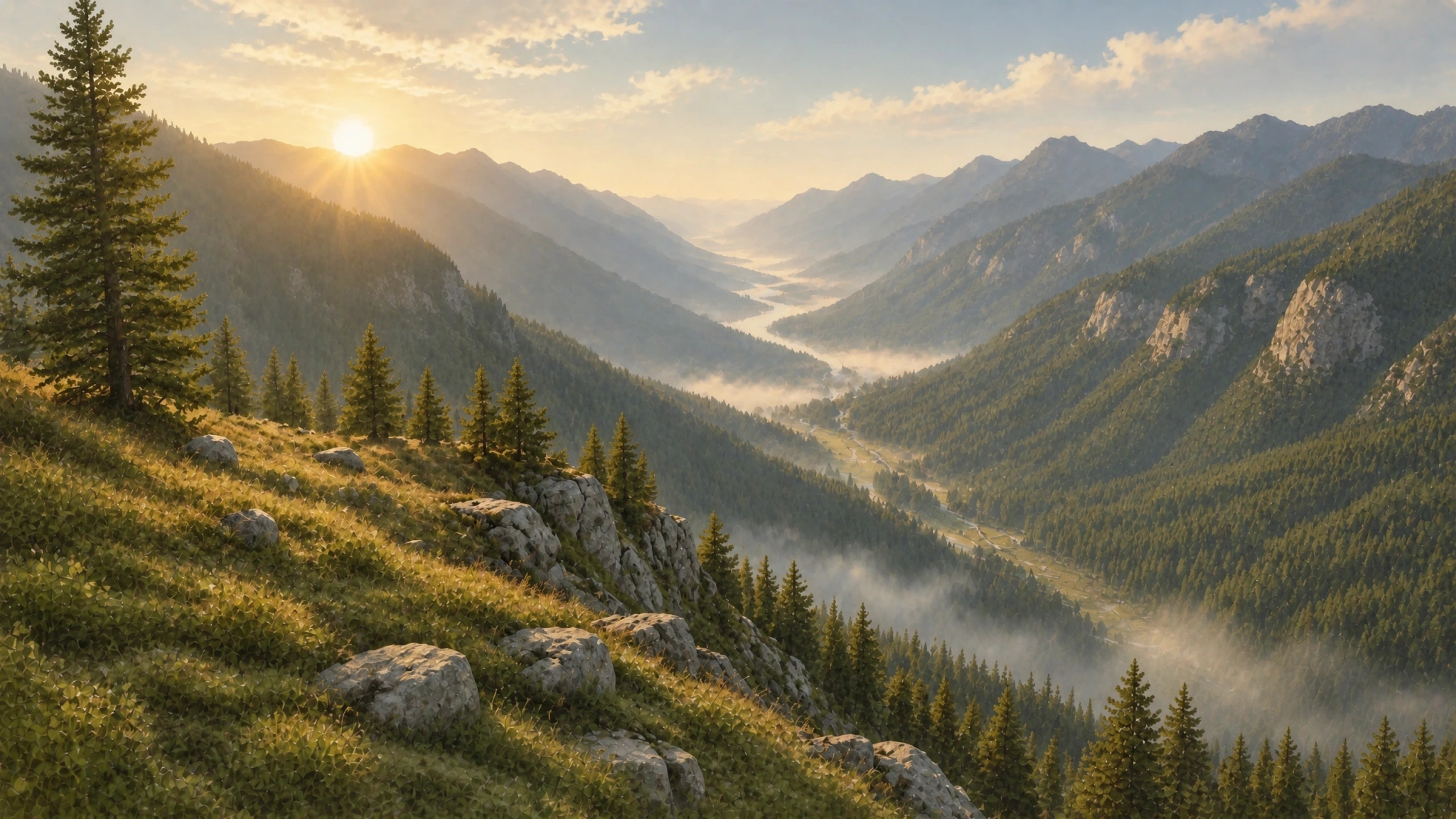 Sunrise over a long mountain valley with a river winding through mist below.