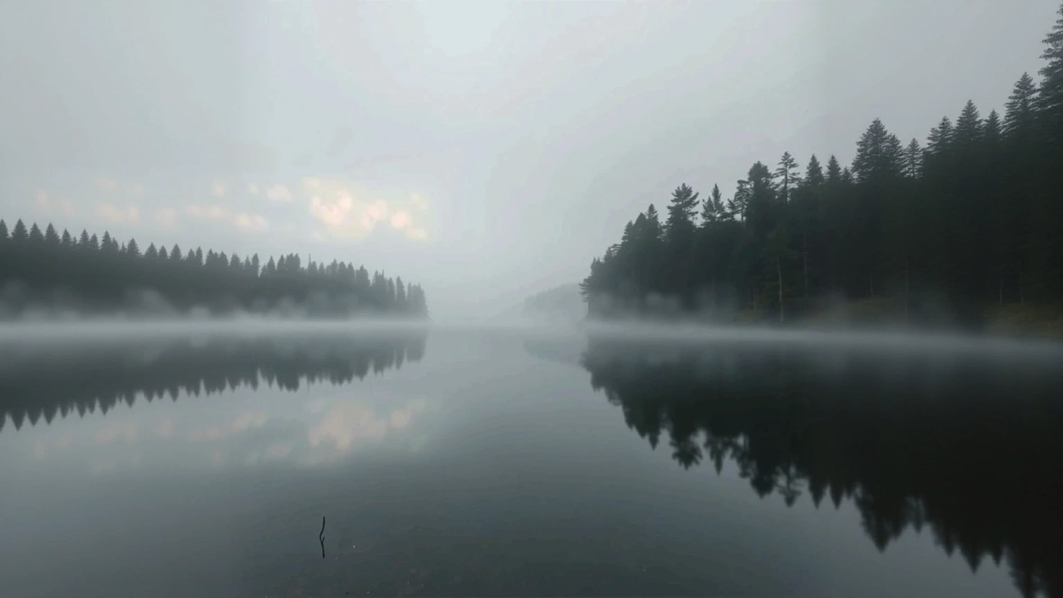 A still lake reflecting dark pine trees with a band of morning mist over the water.