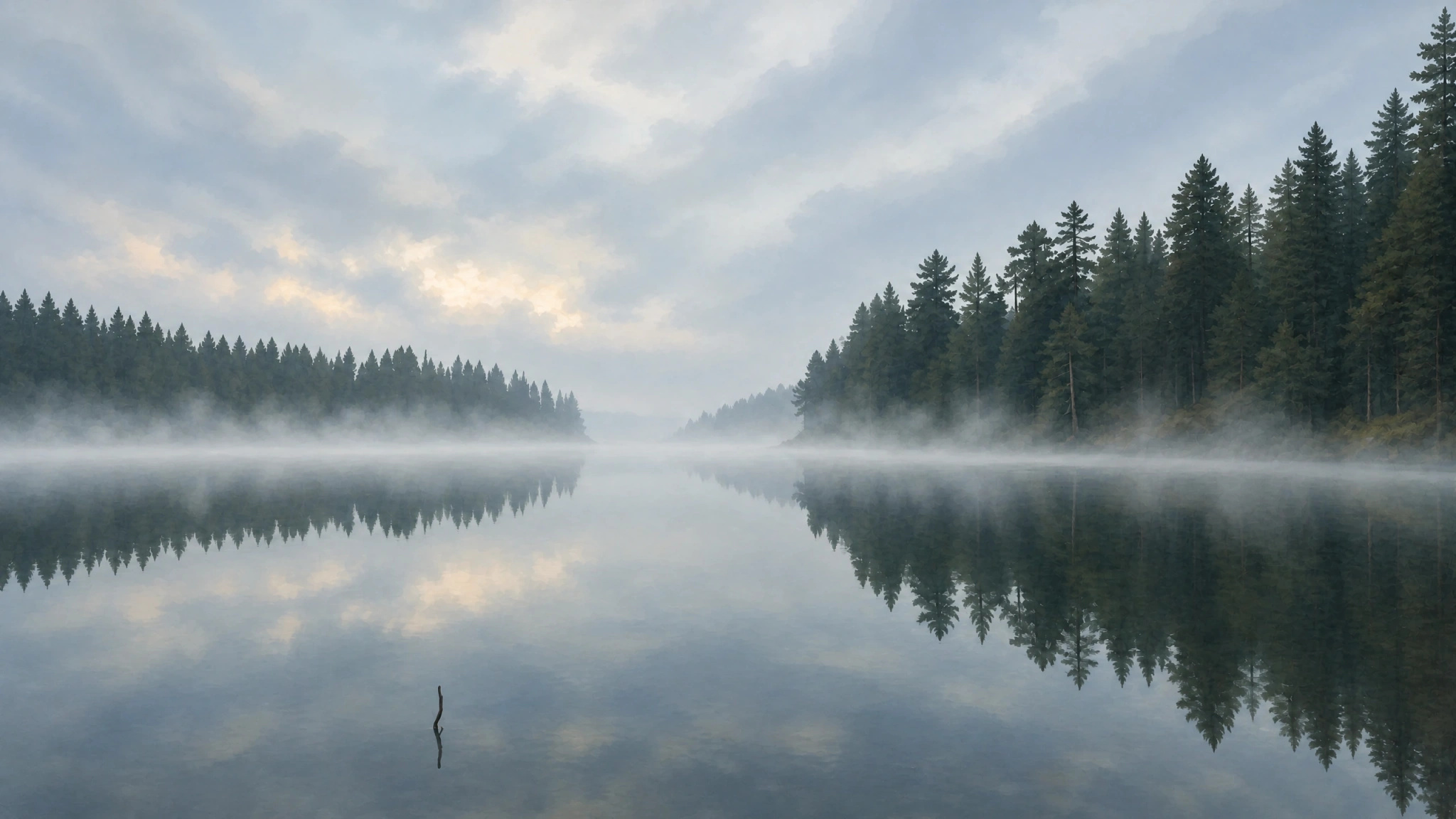 A misty lake reflecting evergreen forests beneath a cloudy sky.