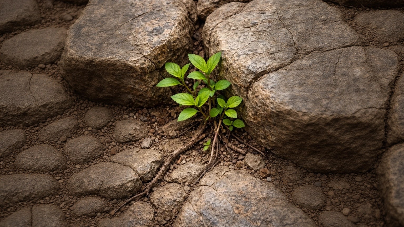 A green sprout growing from dry soil between large cracked rocks.